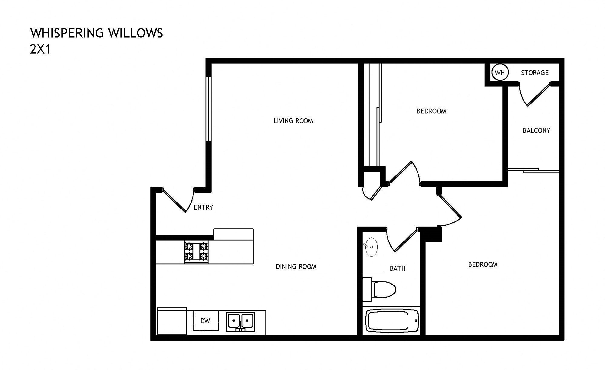 2 Bed 1 Bath Floor Plan 2